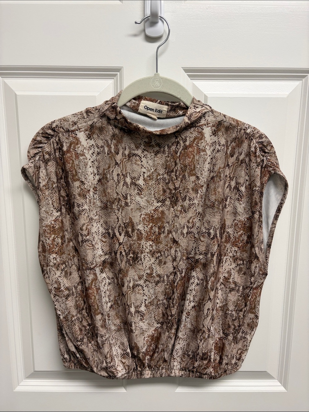 Open Edit Brown Snake-Print Mock Neck Women’s Top